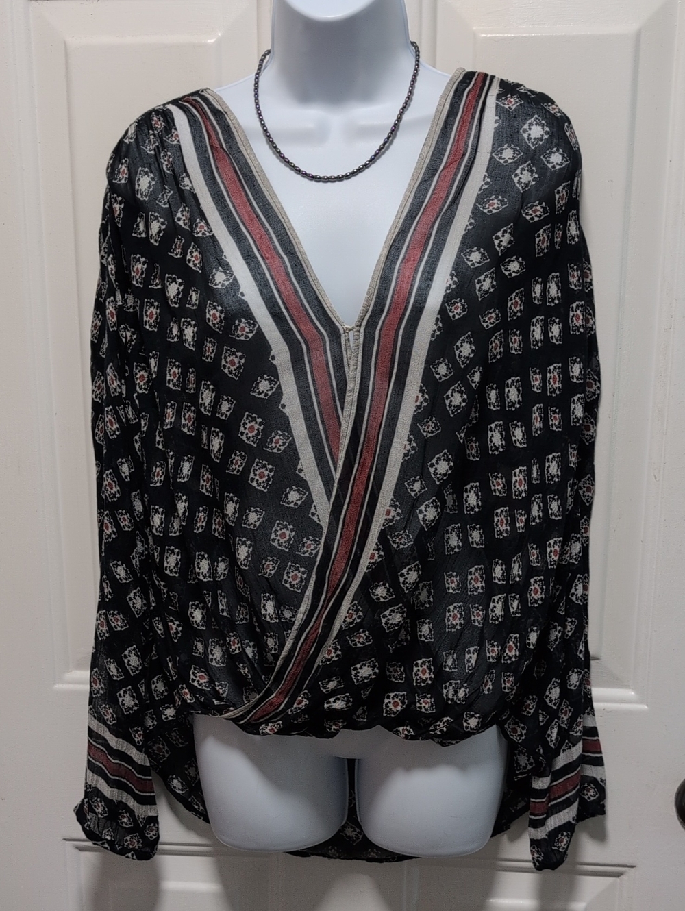 Free People Black Patterned Wrap Blouse with Red and Cream Stripes